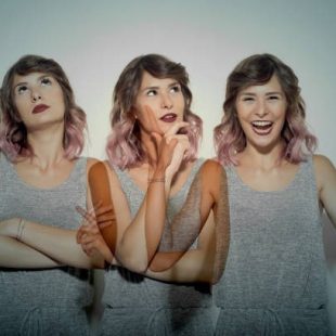 A woman portrays three different emotions: joy, curiosity, and frustration.
