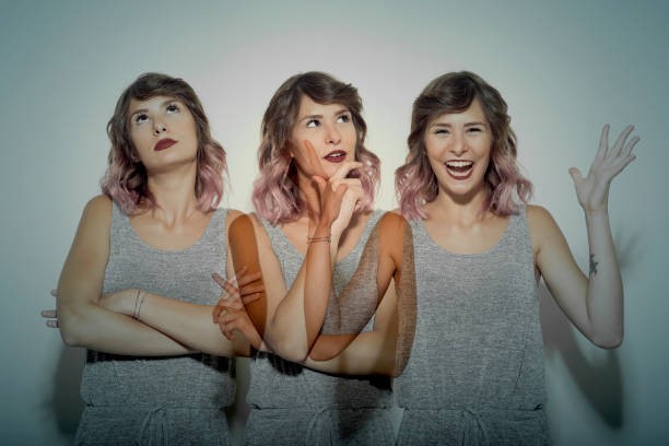 A woman portrays three different emotions: joy, curiosity, and frustration.