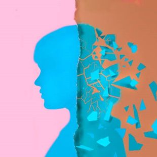 A person’s silhouette split with one side fragmenting into scattered pieces.