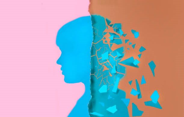 A person’s silhouette split with one side fragmenting into scattered pieces.